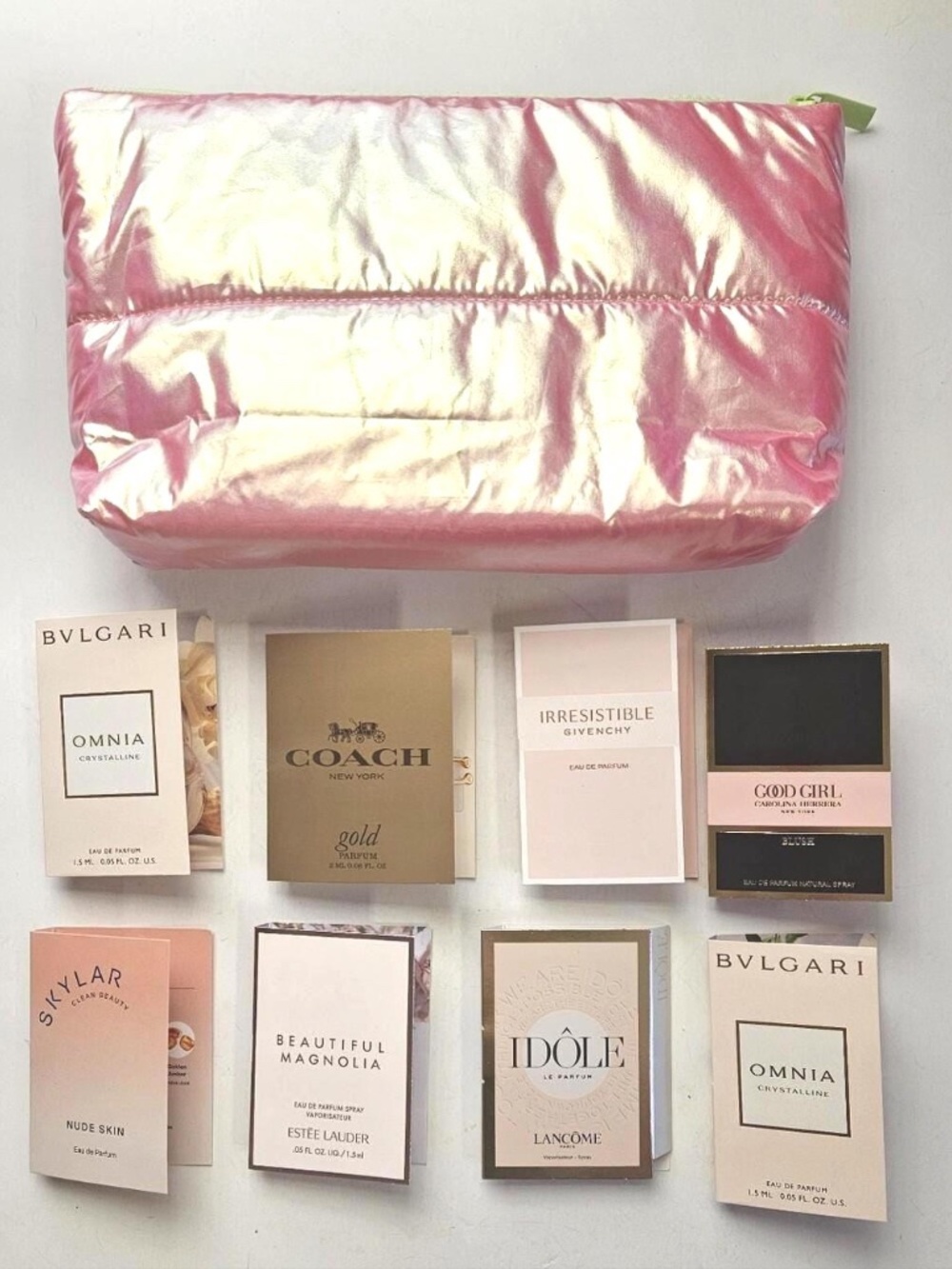 x9 Pink Iridescent Cosmetic Pouch Sample Sets Coach Givenchy Lancome Travel Size